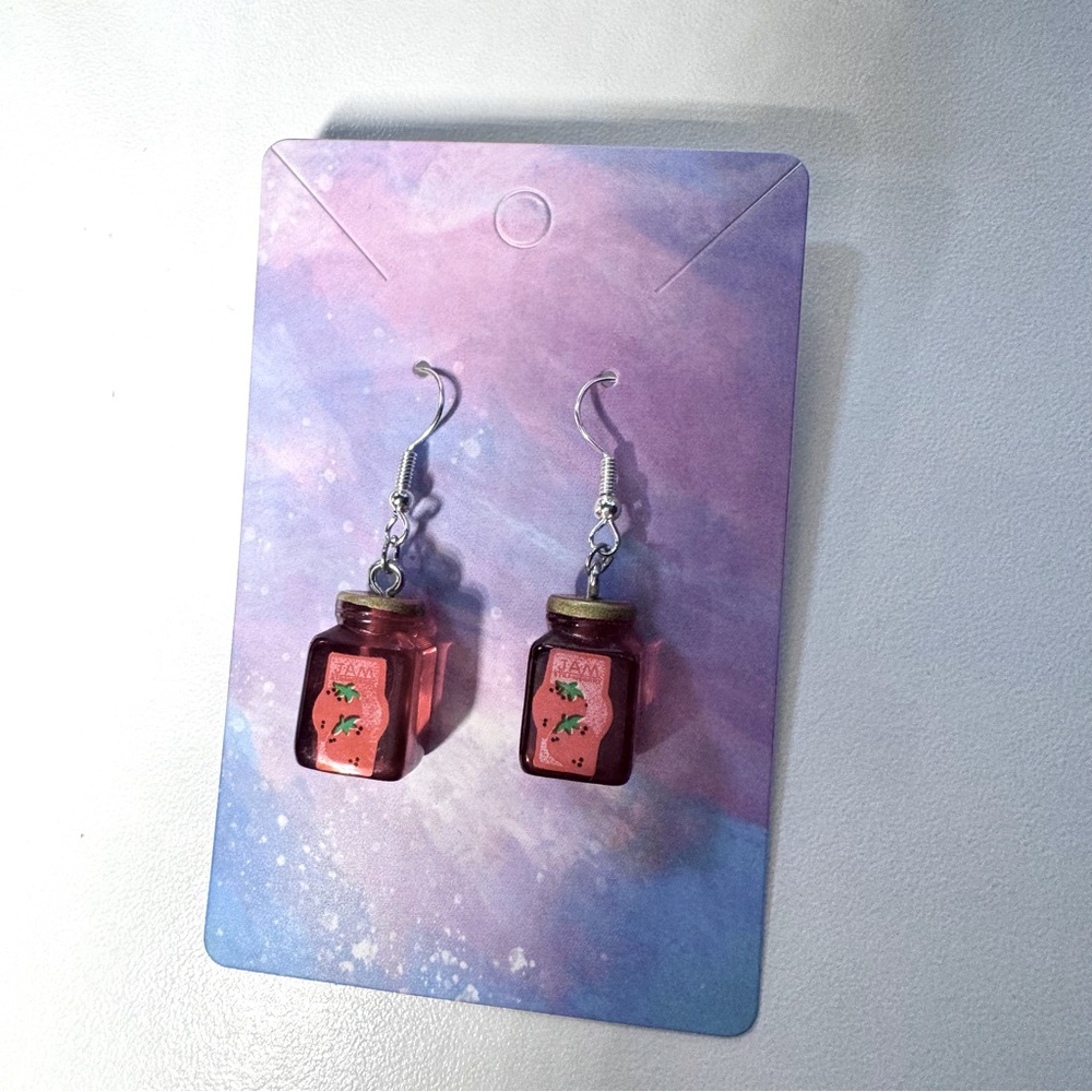 Red strawberry jam resin jar stainless steel earrings